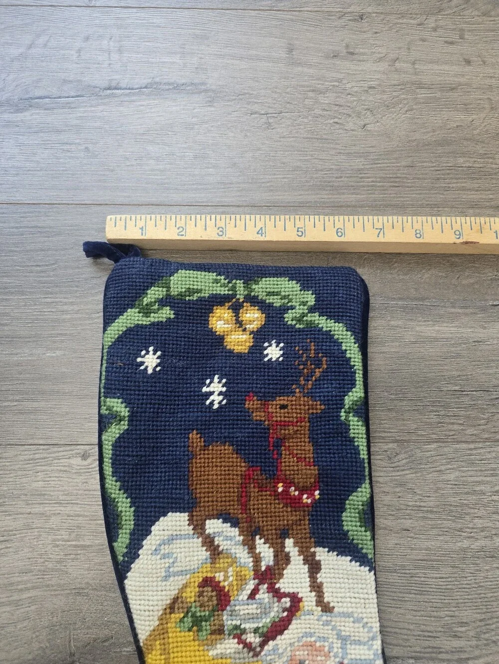 Needlepoint Santa & Reindeer Chimney Christmas Stocking Holiday Cottagecore